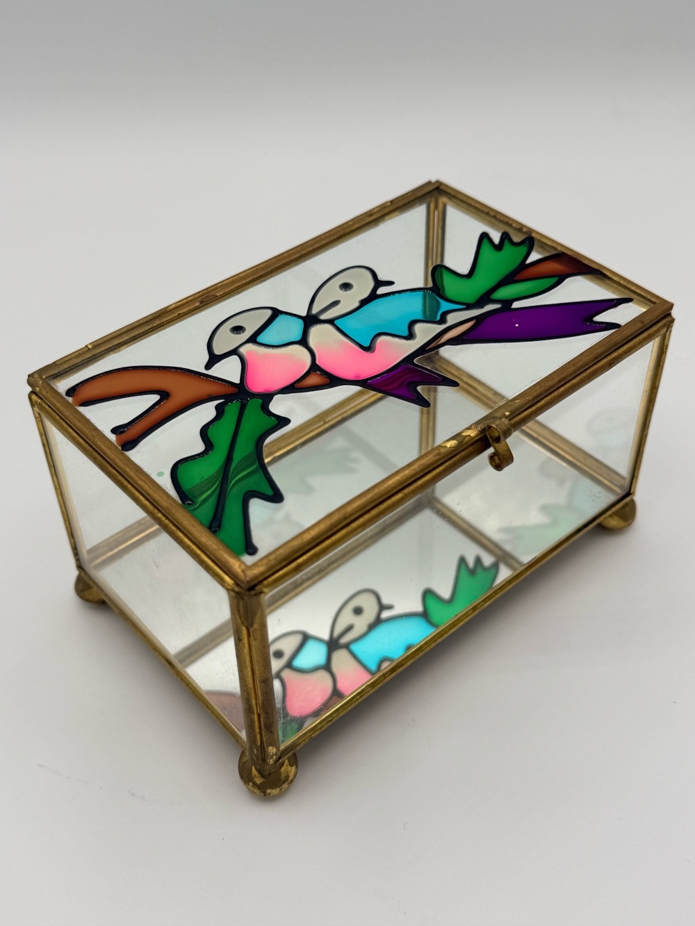Vintage Glass and Brass Trinket Box w/ Colorful Bird Design -Pink & Teal